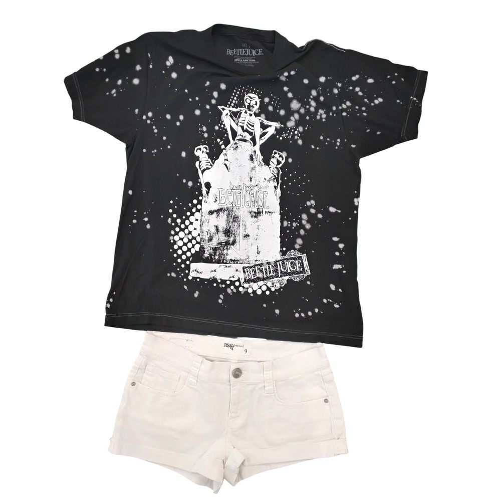 Beetlejuice Ripple Junction Graphic Tee &‎ RSQ White Denim Shorts Set Womens 9 L